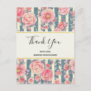 Pink Watercolor Flowers on Stripes Thank You Postcard