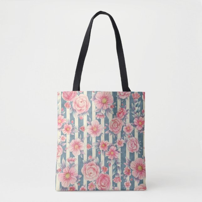 Pink Watercolor Flowers on Stripes Tote Bag (Front)