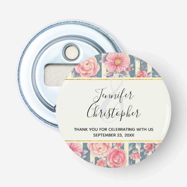 Pink Watercolor Flowers on Stripes Wedding Favour Bottle Opener (Front)