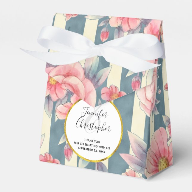 Pink Watercolor Flowers on Stripes Wedding Favour  Favour Box (Front Side)