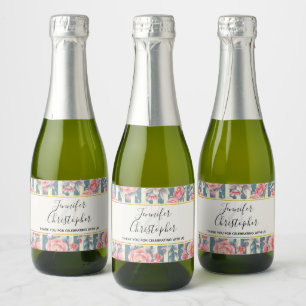 Pink Watercolor Flowers on Stripes Wedding Sparkling Wine Label