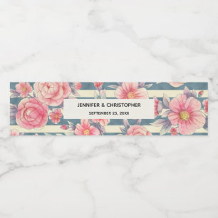 Pink Watercolor Flowers on Stripes Wedding Water Bottle Label