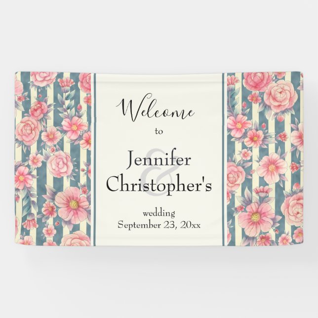 Pink Watercolor Flowers on Stripes Wedding Welcome Banner (Horizontal)