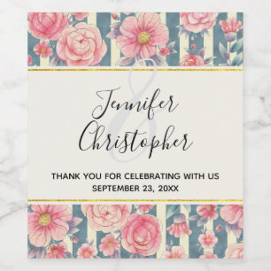 Pink Watercolor Flowers on Stripes Wedding Wine Label