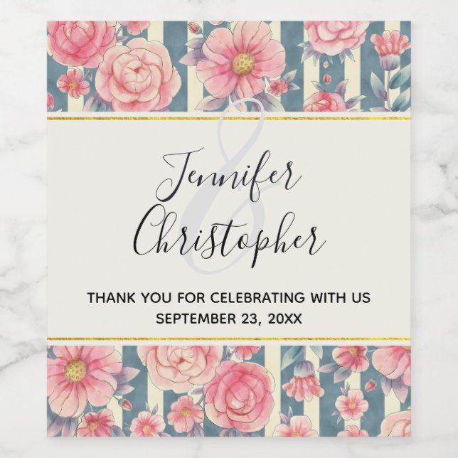 Pink Watercolor Flowers on Stripes Wedding Wine Label (Single Label)