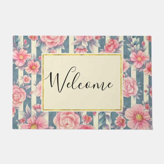 Pink Watercolor Flowers on Stripes Welcome Doormat (Front)