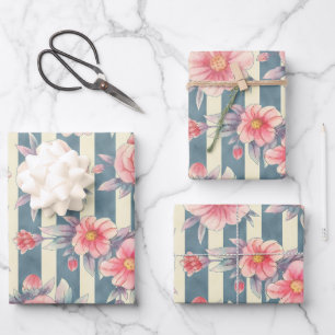 Pink Watercolor Flowers on Stripes Wrapping Paper Sheet