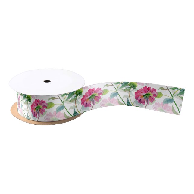 Pink Watercolor Flowers Pattern Satin Ribbon (Spool)