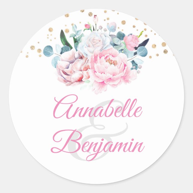 Pink Watercolor Flowers | Peony Wedding Classic Round Sticker (Front)