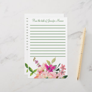 Pink watercolor flowers personalised lined stationery