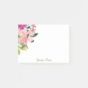 Pink watercolor flowers personalised post-it notes