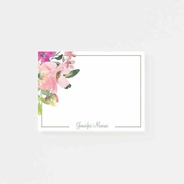 Pink watercolor flowers personalised  post-it notes (Front)