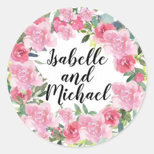 Pink Watercolor Flowers Personalised Wedding Classic Round Sticker