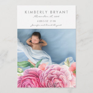 Pink Watercolor Flowers Photo Baby Girl Birth Announcement
