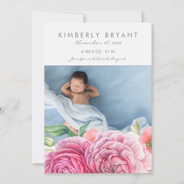Pink Watercolor Flowers Photo Baby Girl Birth Announcement (Front)