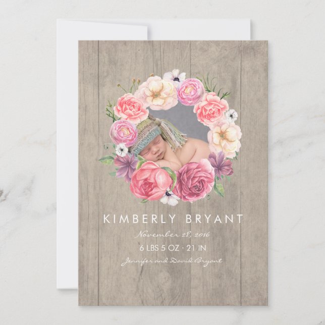 Pink Watercolor Flowers Photo Baby Girl Birth Announcement (Front)