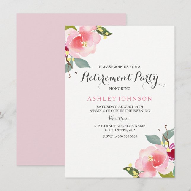 Pink Watercolor Flowers Retirement Party Invite (Front/Back)