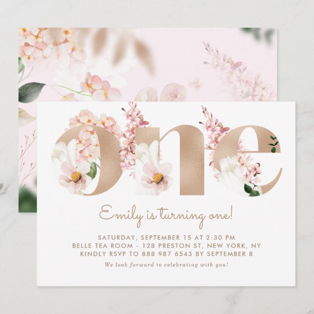 Pink Watercolor Flowers Rose Gold First Birthday Invitation (Front/Back)