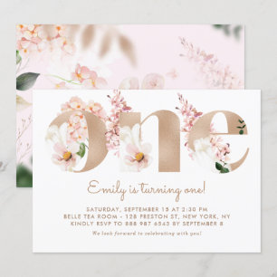 Pink Watercolor Flowers Rose Gold First Birthday Invitation