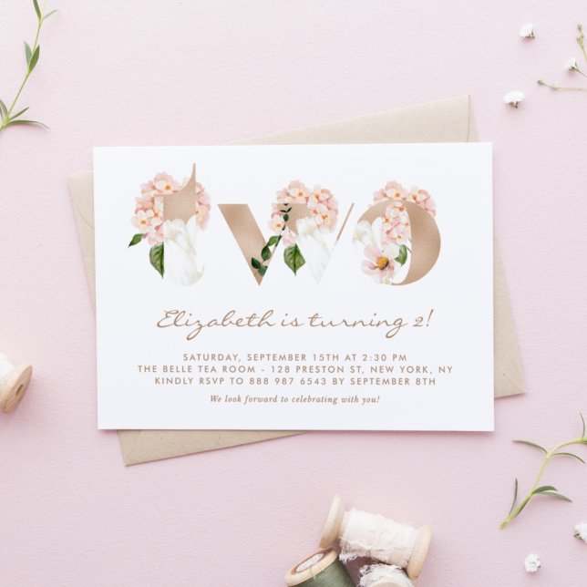 Pink Watercolor Flowers Rose Gold Second Birthday Invitation (Creator Uploaded)