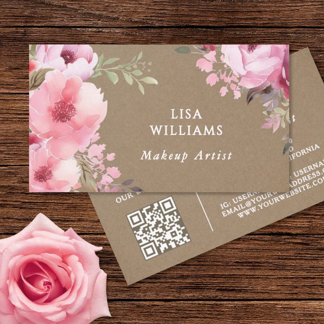 Pink Watercolor Flowers Rustic Makeup Artist Business Card (Creator Uploaded)