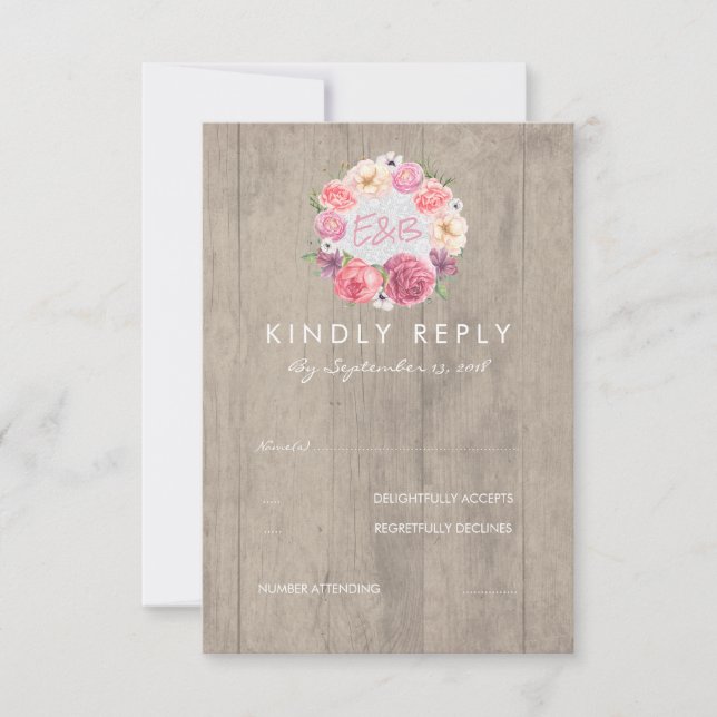 Pink Watercolor Flowers Rustic Wood Wedding RSVP Card (Front)