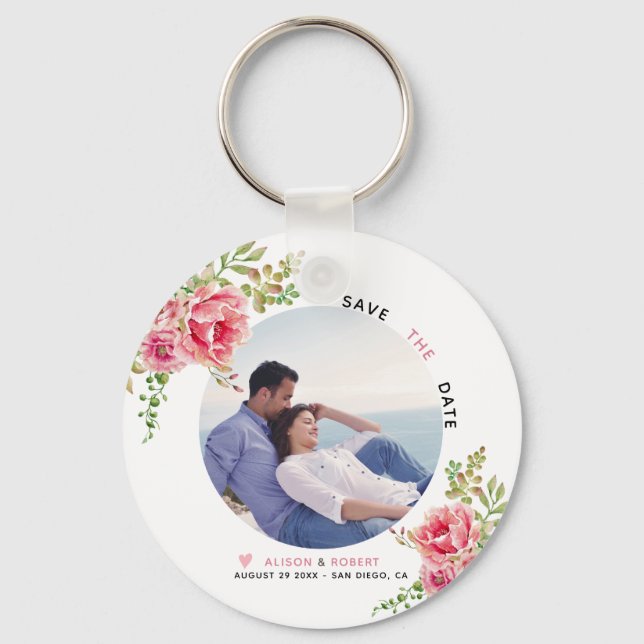 Pink watercolor flowers, sage green leaves,  photo key ring (Front)