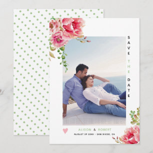 Pink watercolor flowers, sage green leaves,  photo save the date