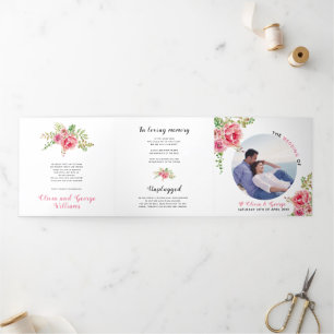 Pink watercolor flowers, sage green leaves,  photo Tri-Fold programme