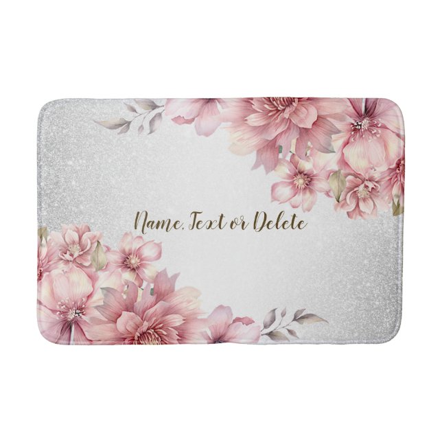Pink Watercolor Flowers Shiny Glitter Modern Bath Mat (Front)