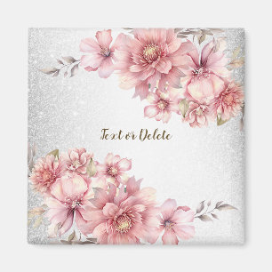 Pink Watercolor Flowers Shiny Glitter Modern Magnet