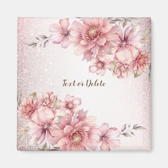 Pink Watercolor Flowers Shiny Glitter Modern Magnet (Front)