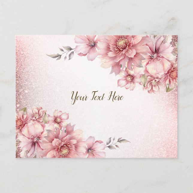 Pink Watercolor Flowers Shiny Glitter Modern Postcard (Front)