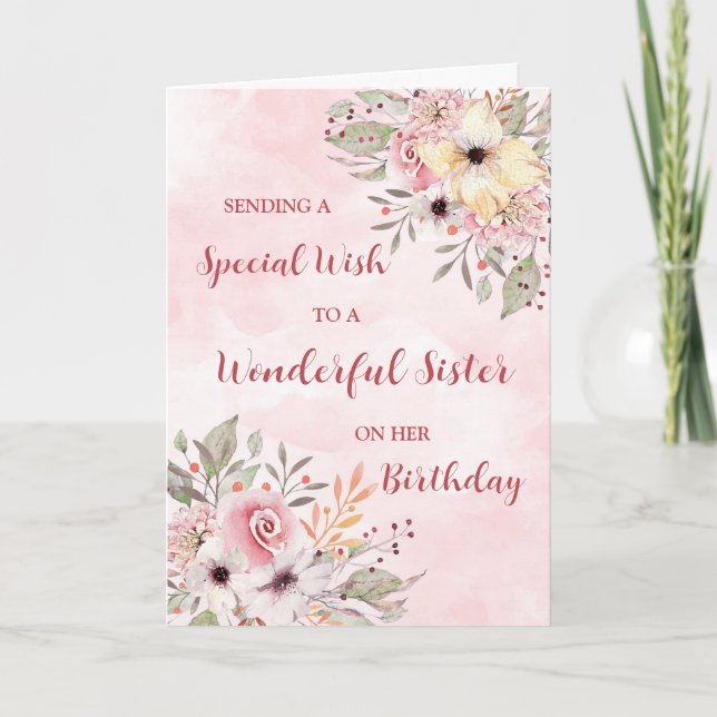 Pink Watercolor Flowers Sister Birthday Card (Front)