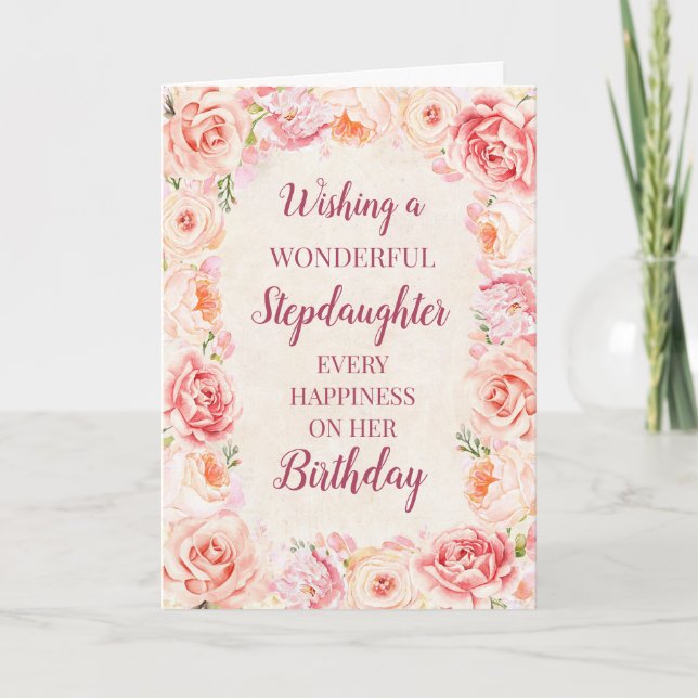 Pink Watercolor Flowers Stepdaughter Birthday Card (Front)