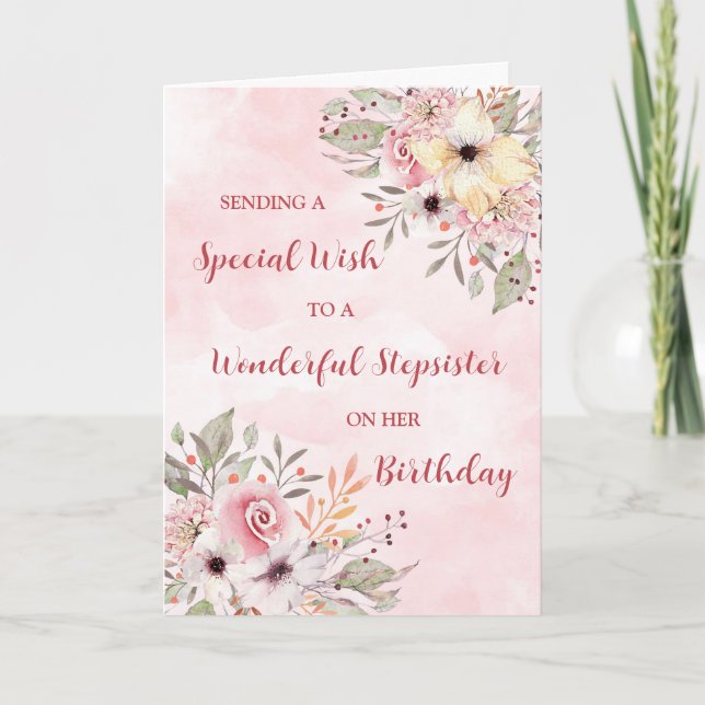 Pink Watercolor Flowers Stepsister Birthday Card (Front)