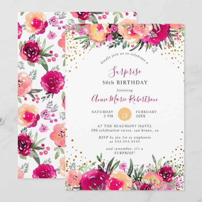 Pink Watercolor Flowers Surprise Birthday Party Invitation (Front/Back)