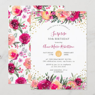Pink Watercolor Flowers Surprise Birthday Party Invitation