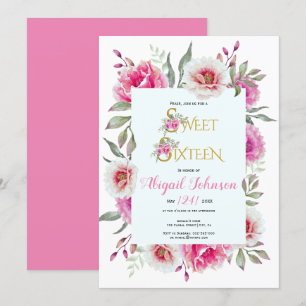 Pink watercolor flowers sweet sixteen birthday invitation