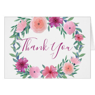 Pink Watercolor Flowers Thank You Card