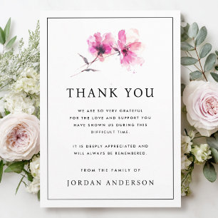 Pink watercolor flowers thin border funeral memori thank you card