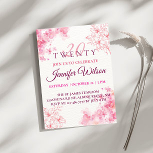 Pink Watercolor Flowers Twenty Birthday Invitation