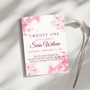 Pink Watercolor Flowers Twenty One Birthday Invitation