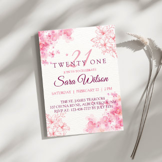 Pink Watercolor Flowers Twenty One Birthday Invitation