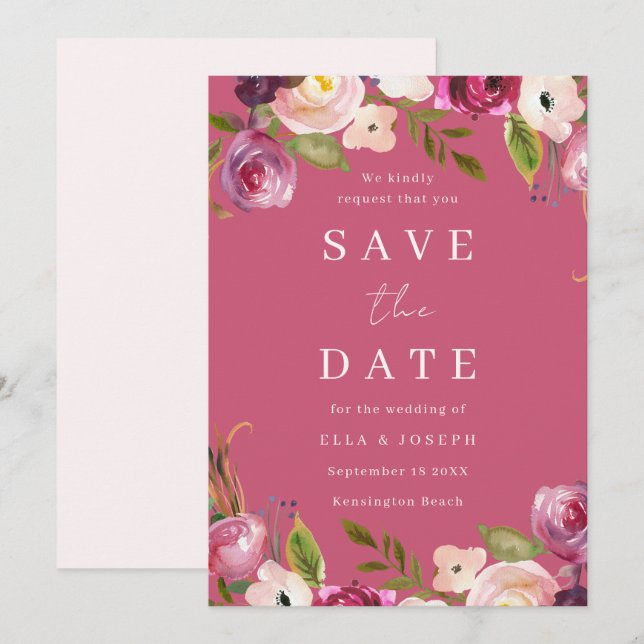 Pink Watercolor Flowers Vibrant Wedding Save The Date (Front/Back)