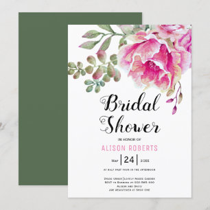 Pink watercolor flowers wedding bridal shower invitation
