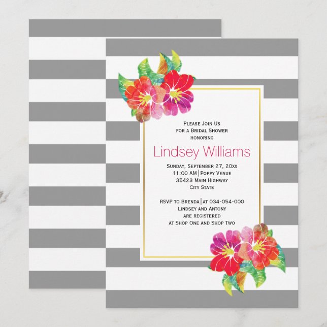 Pink watercolor flowers wedding bridal shower invitation (Front/Back)