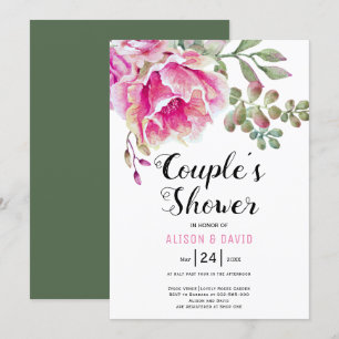 Pink watercolor flowers wedding couples shower invitation