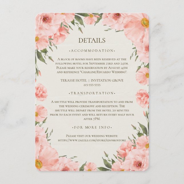 Pink Watercolor Flowers Wedding Detail Enclosure C Card (Front)