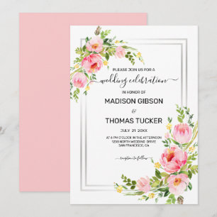 Pink Watercolor Flowers Wedding Invitation